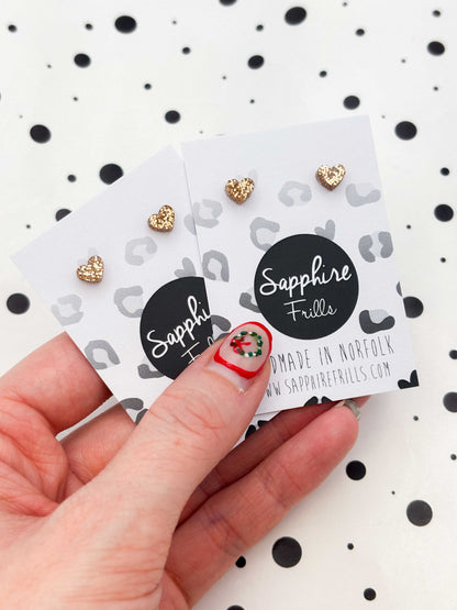 Micro Champagne Gold Glitter Heart Acrylic Stud – Hypoallergenic Stainless Steel