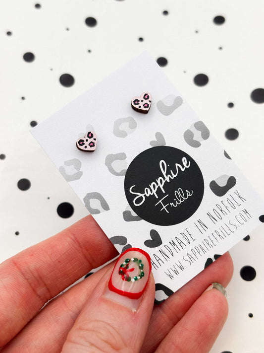 Micro Pink Leopard Print Wooden Heart Stud Earrings – Hypoallergenic Stainless Steel