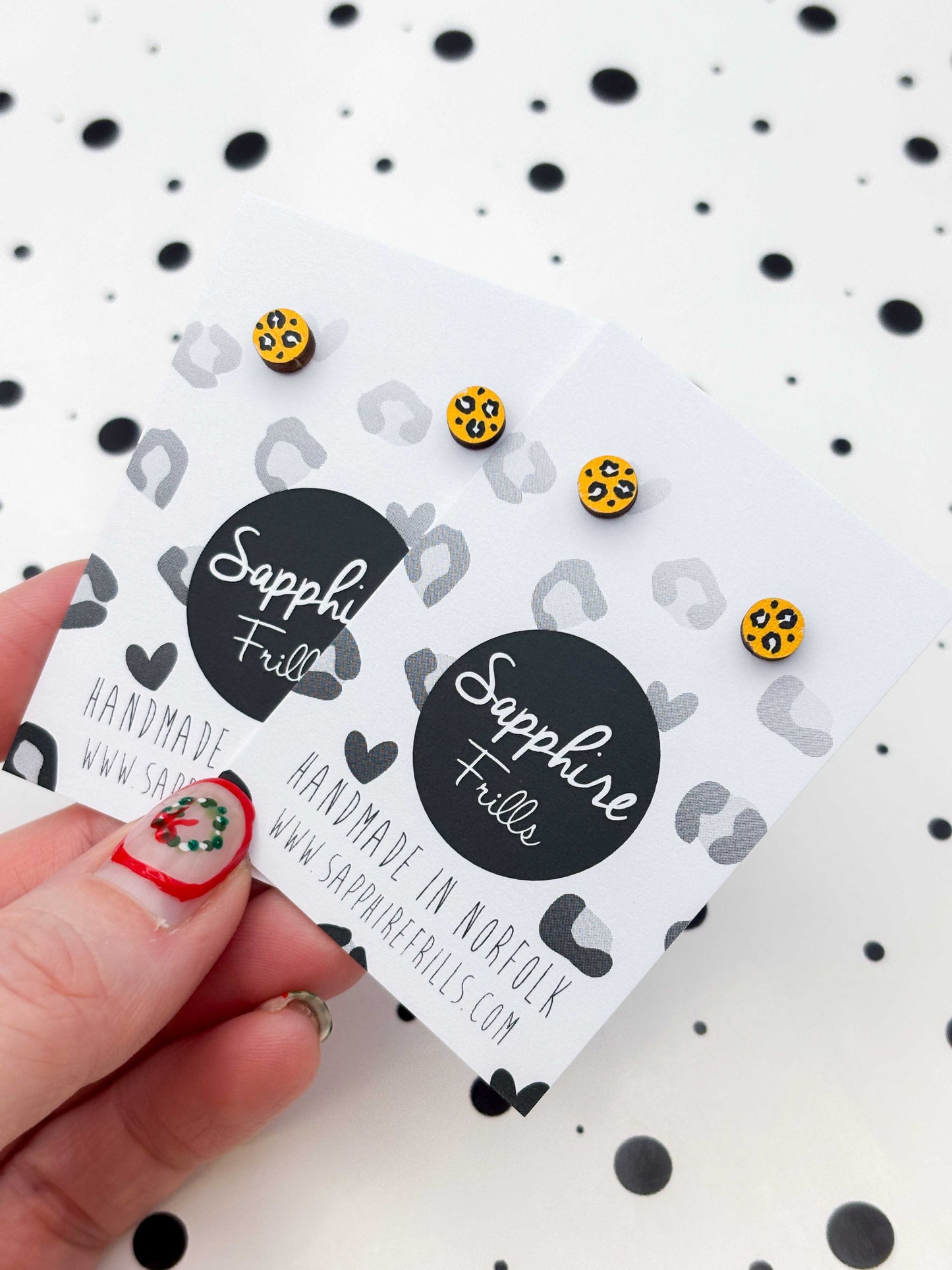 Micro Gold and White Leopard Print Wooden Circle Stud Earrings – Hypoallergenic Stainless Steel