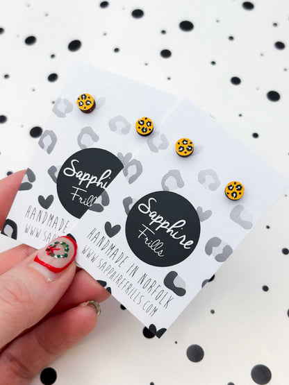 Micro Gold and White Leopard Print Wooden Circle Stud Earrings – Hypoallergenic Stainless Steel