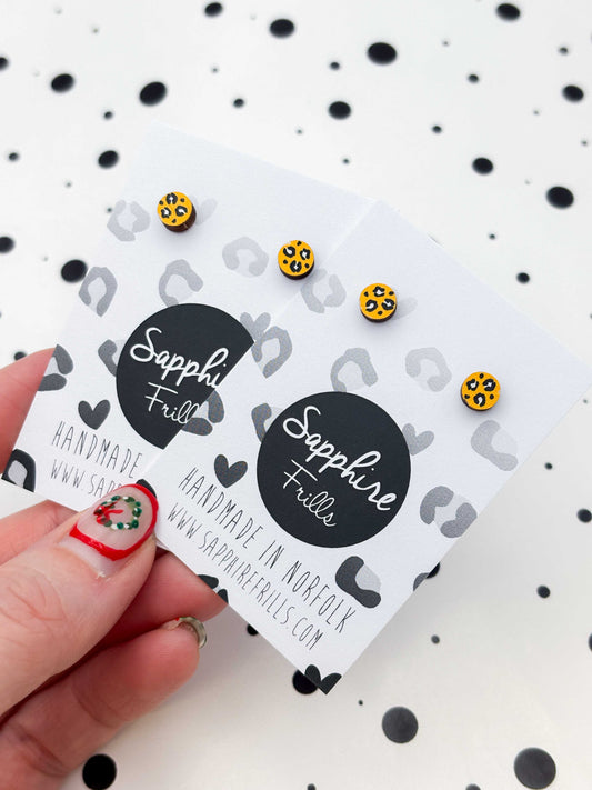 Micro Gold and White Leopard Print Wooden Circle Stud Earrings – Hypoallergenic Stainless Steel