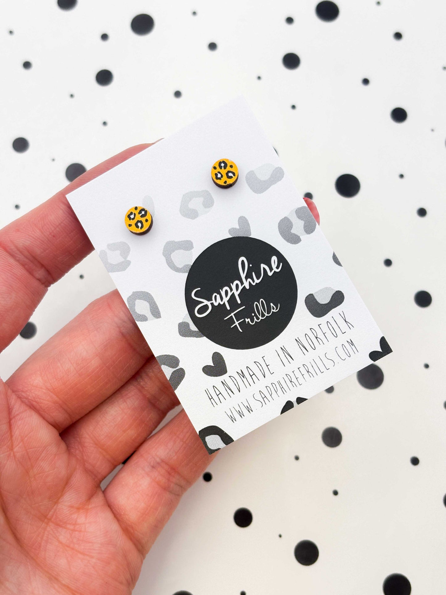 Micro Gold and White Leopard Print Wooden Circle Stud Earrings – Hypoallergenic Stainless Steel