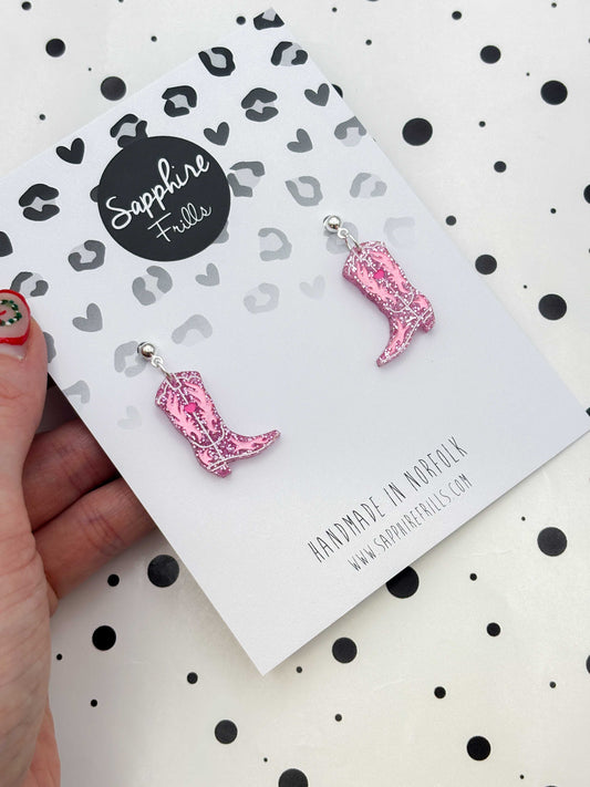 Medium Bubblegum Pink Cowgirl Heart Boot Dangle Earrings or Necklace – Hypoallergenic Stainless Steel