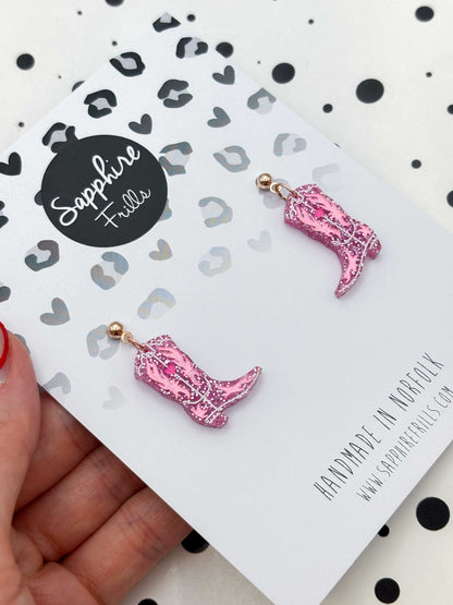 Medium Bubblegum Pink Cowgirl Heart Boot Dangle Earrings or Necklace – Hypoallergenic Stainless Steel
