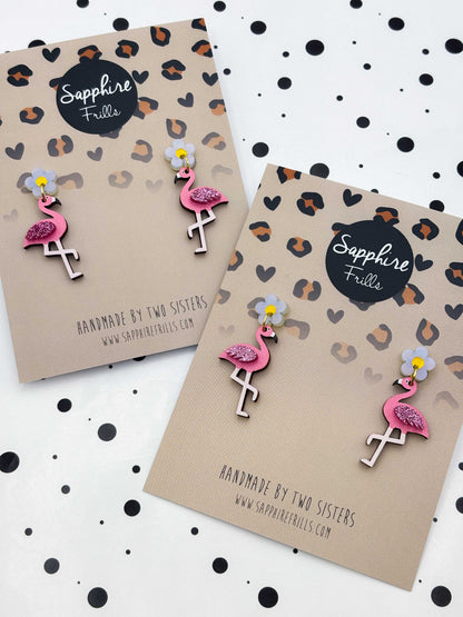 Pearl Shimmer and Hot Pink Glitter Acrylic Flamingo Flower Dangle Earrings – Hypoallergenic Stainless Steel