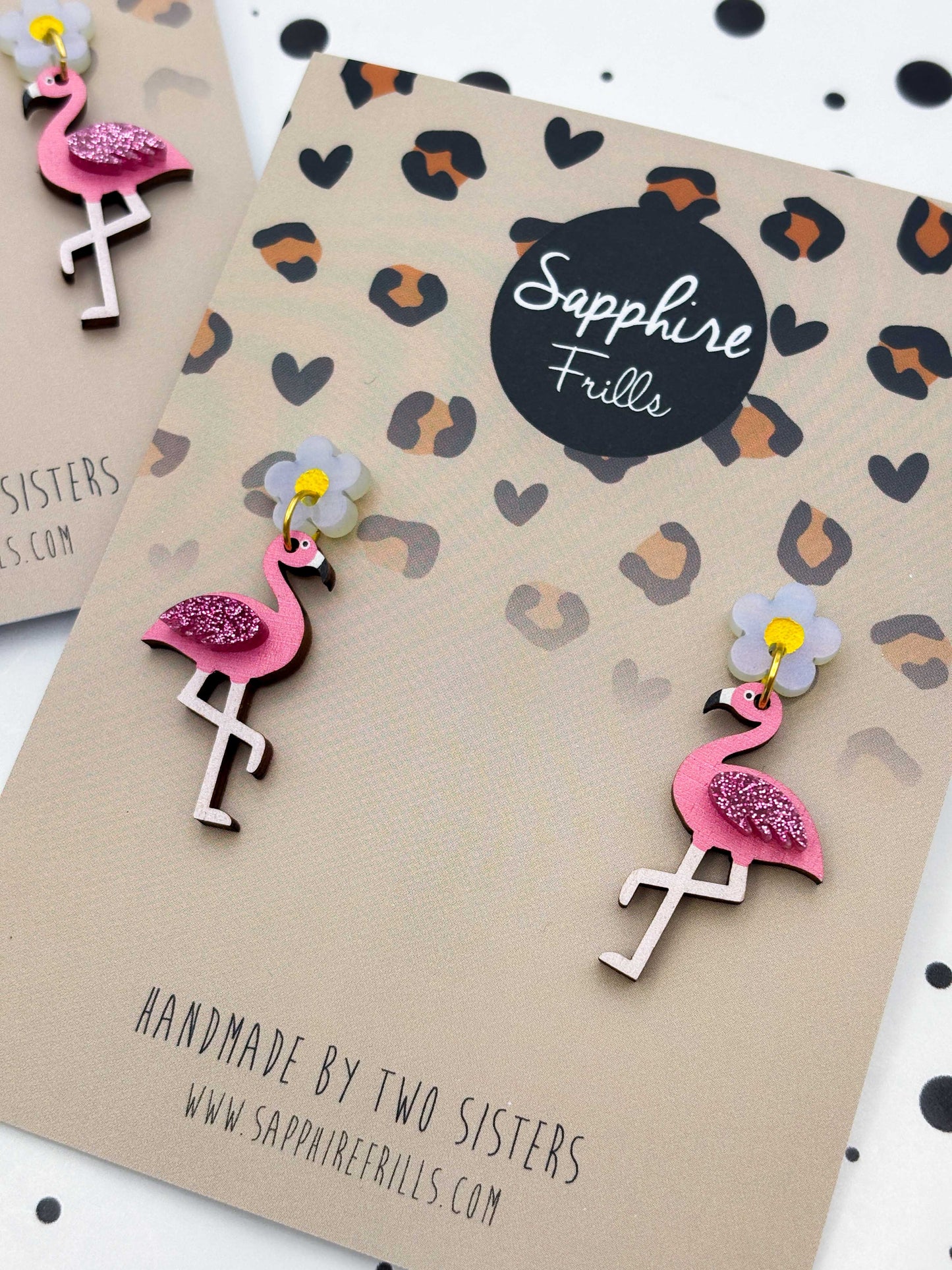 Pearl Shimmer and Hot Pink Glitter Acrylic Flamingo Flower Dangle Earrings – Hypoallergenic Stainless Steel