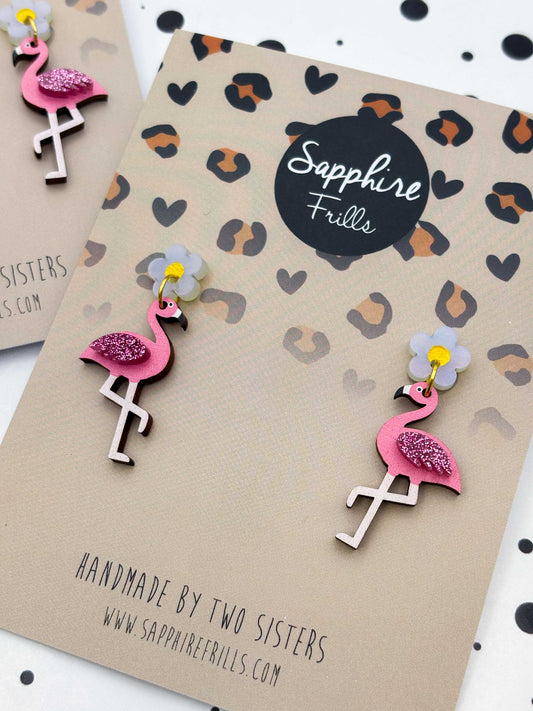 Pearl Shimmer and Hot Pink Glitter Acrylic Flamingo Flower Dangle Earrings – Hypoallergenic Stainless Steel