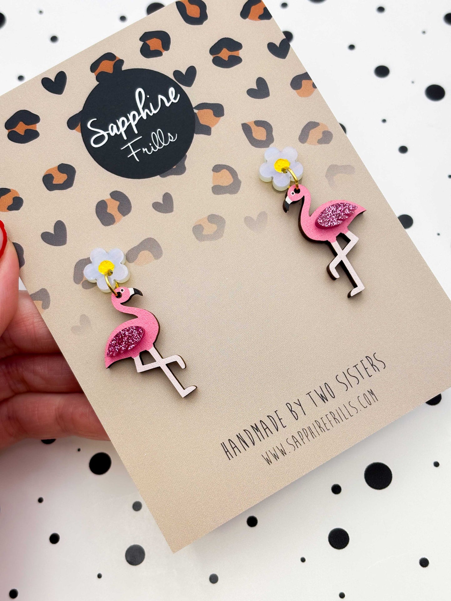 Pearl Shimmer and Hot Pink Glitter Acrylic Flamingo Flower Dangle Earrings – Hypoallergenic Stainless Steel