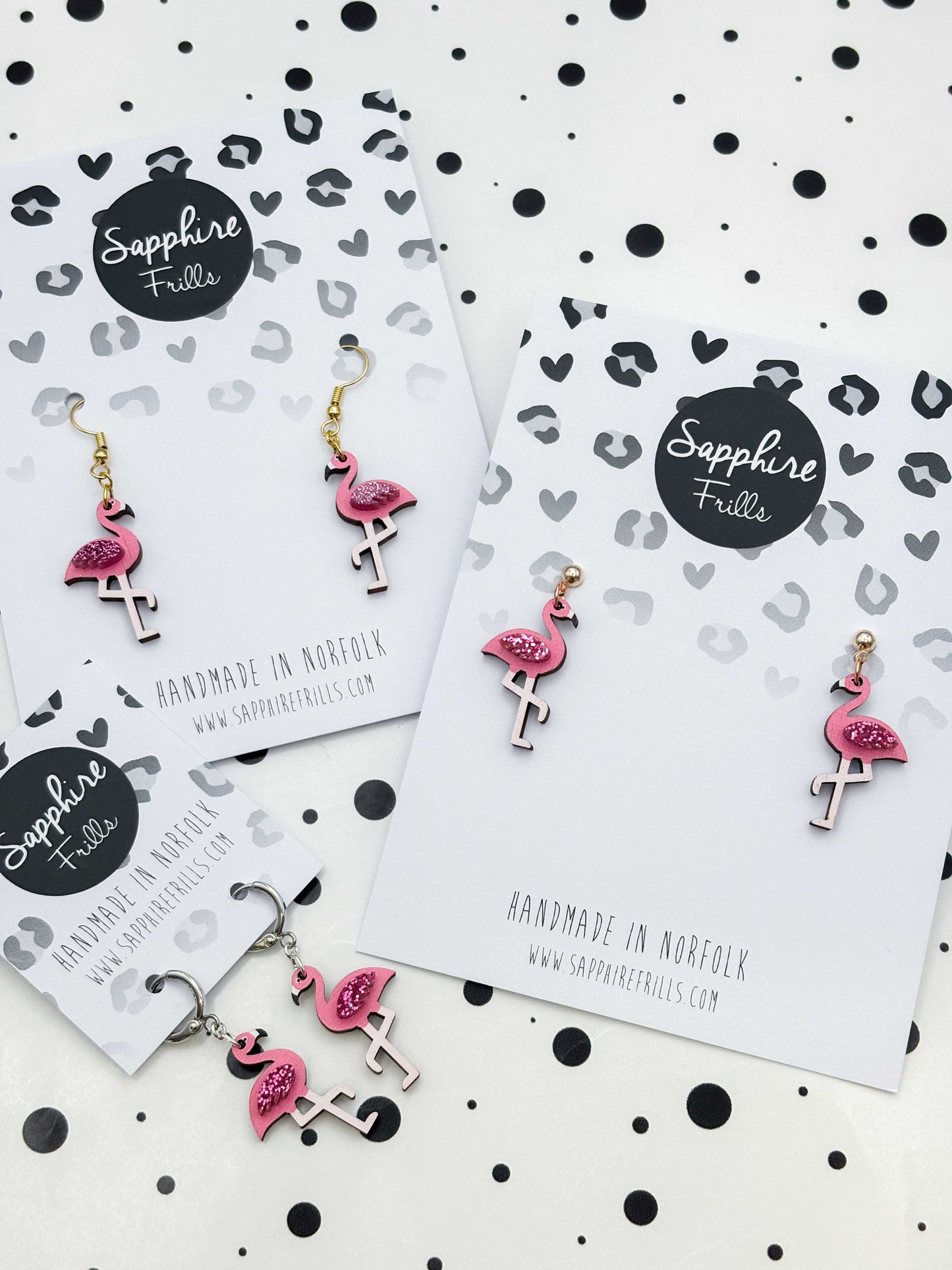 Medium Hot Pink Glitter Flamingo Acrylic and Wood Dangle Earrings or Necklace – Hypoallergenic Stainless Steel