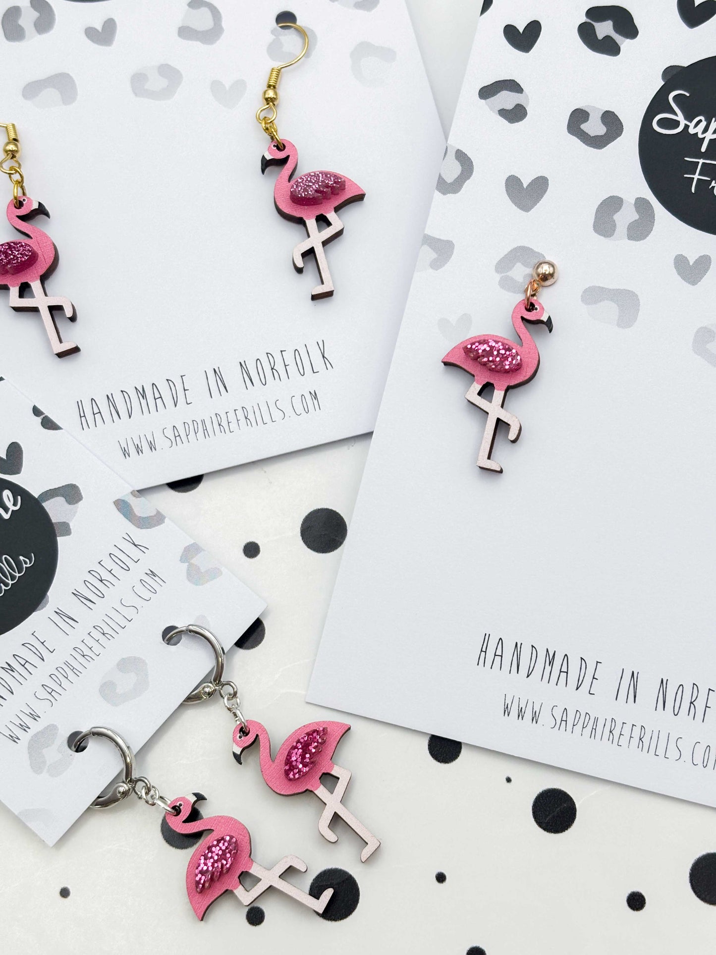 Medium Hot Pink Glitter Flamingo Acrylic and Wood Dangle Earrings or Necklace – Hypoallergenic Stainless Steel