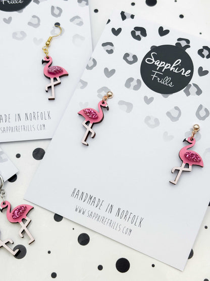 Medium Hot Pink Glitter Flamingo Acrylic and Wood Dangle Earrings or Necklace – Hypoallergenic Stainless Steel