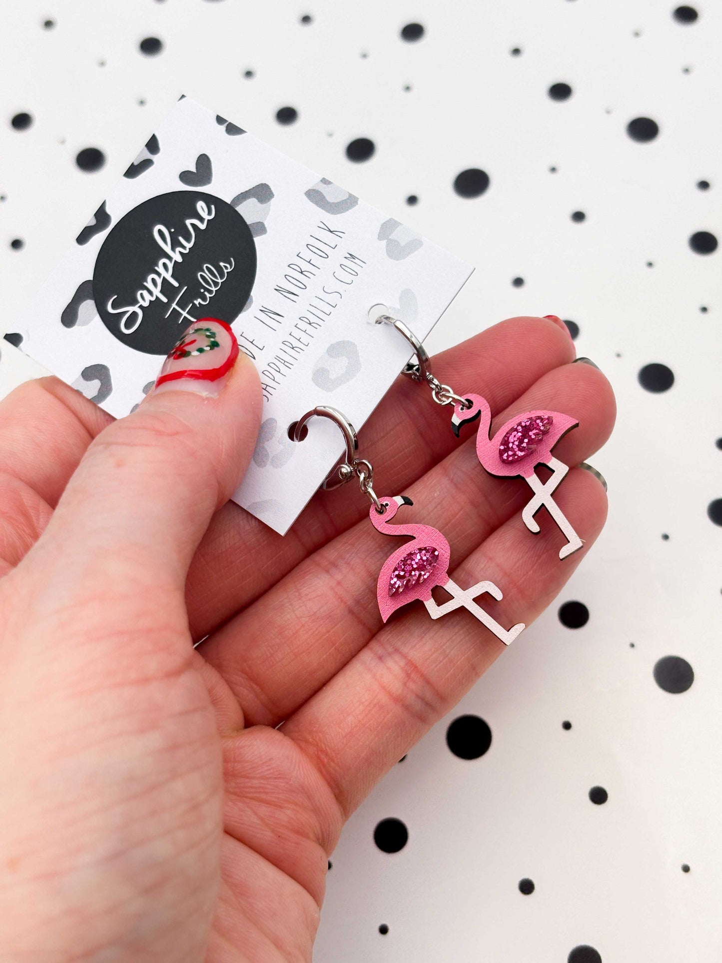 Medium Hot Pink Glitter Flamingo Acrylic and Wood Dangle Earrings or Necklace – Hypoallergenic Stainless Steel
