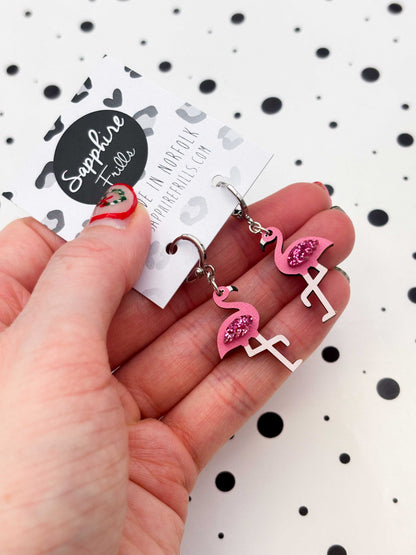 Medium Hot Pink Glitter Flamingo Acrylic and Wood Dangle Earrings or Necklace – Hypoallergenic Stainless Steel