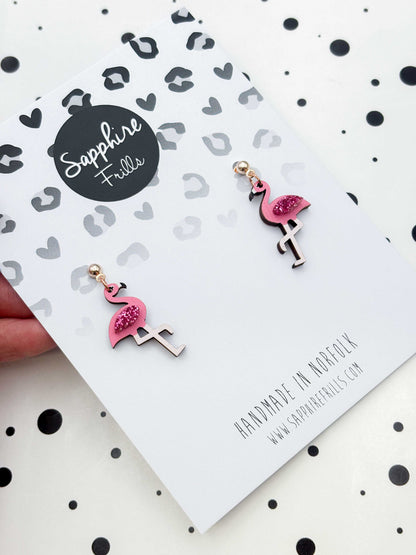 Medium Hot Pink Glitter Flamingo Acrylic and Wood Dangle Earrings or Necklace – Hypoallergenic Stainless Steel