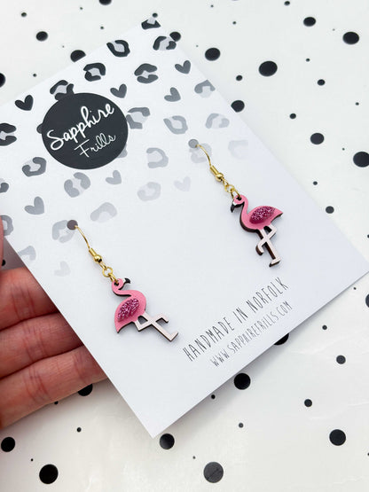 Medium Hot Pink Glitter Flamingo Acrylic and Wood Dangle Earrings or Necklace – Hypoallergenic Stainless Steel