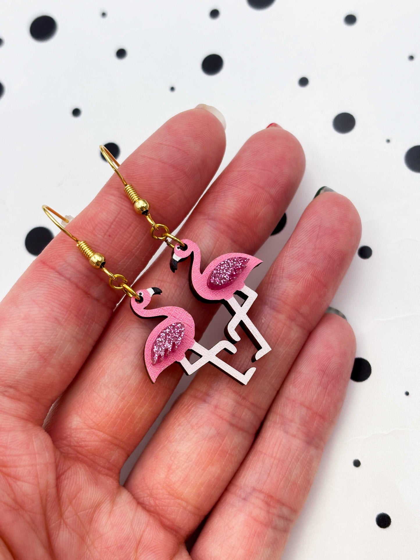 Medium Hot Pink Glitter Flamingo Acrylic and Wood Dangle Earrings or Necklace – Hypoallergenic Stainless Steel