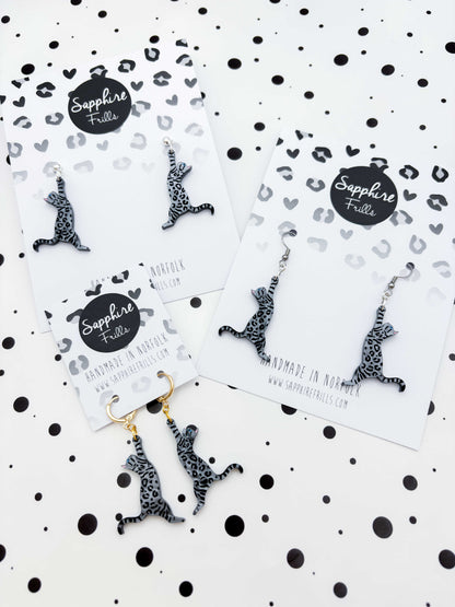 Large Silver Bengal Cat Dangle Earrings or Necklace – Hypoallergenic Stainless Steel