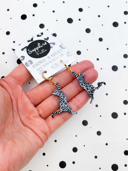 Large Silver Bengal Cat Dangle Earrings or Necklace – Hypoallergenic Stainless Steel