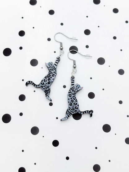 Large Silver Bengal Cat Dangle Earrings or Necklace – Hypoallergenic Stainless Steel