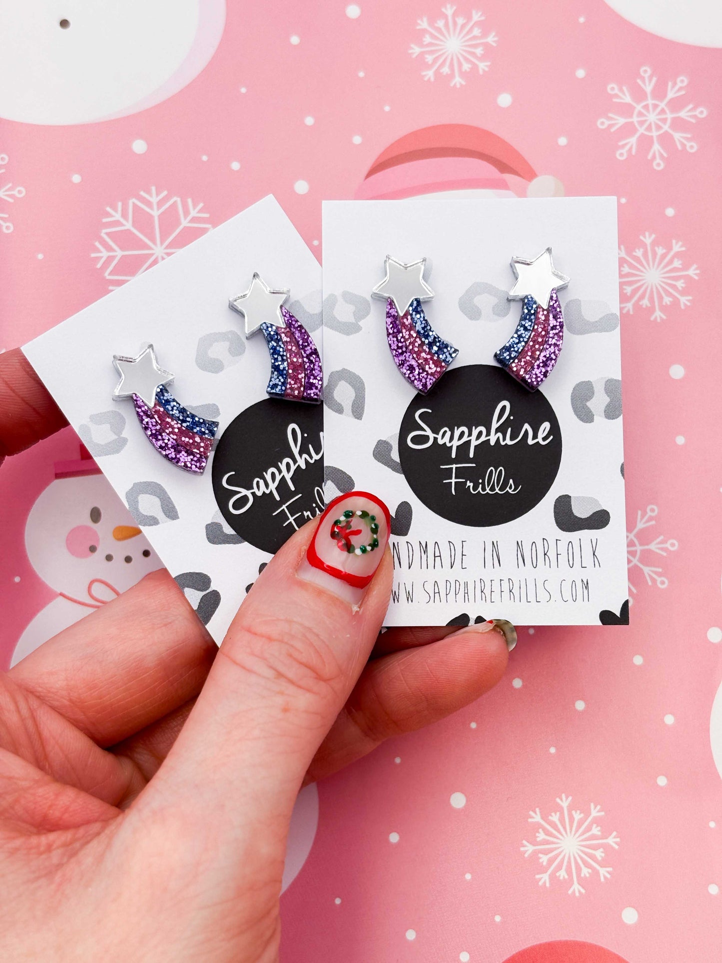 Small Pastel Lilac, Pink & Blue Glitter Shooting Star Studs – Hypoallergenic Stainless Steel