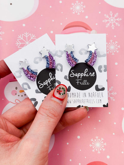 Small Pastel Lilac, Pink & Blue Glitter Shooting Star Studs – Hypoallergenic Stainless Steel