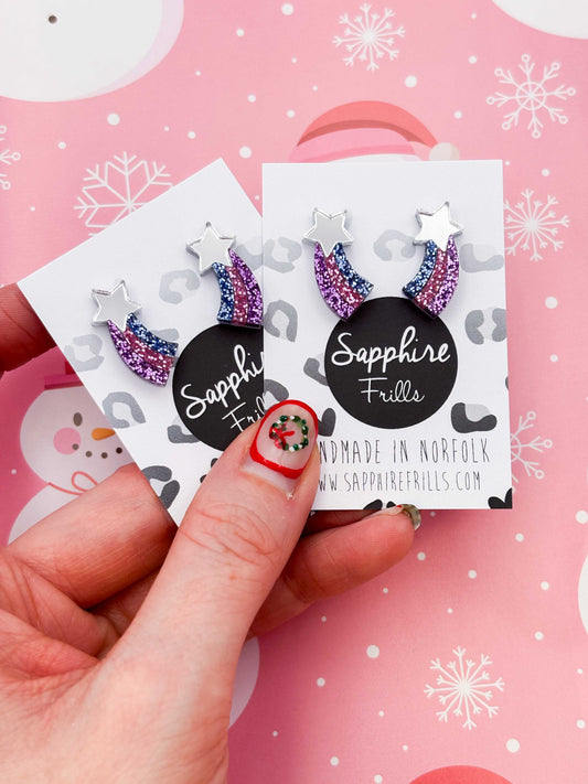 Small Pastel Lilac, Pink & Blue Glitter Shooting Star Studs – Hypoallergenic Stainless Steel