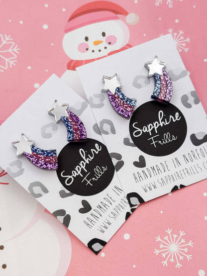 Small Pastel Lilac, Pink & Blue Glitter Shooting Star Studs – Hypoallergenic Stainless Steel