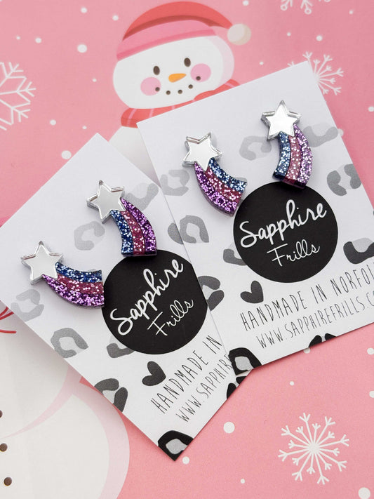 Small Pastel Lilac, Pink & Blue Glitter Shooting Star Studs – Hypoallergenic Stainless Steel