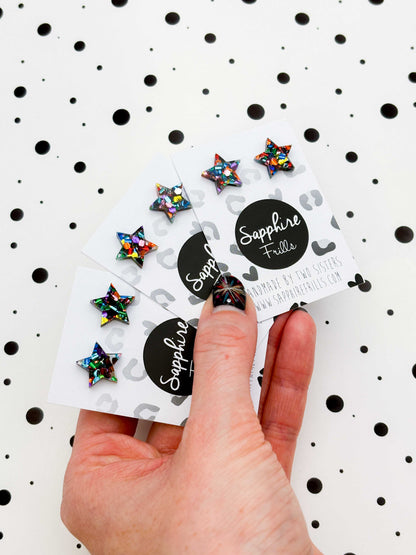 Small Rainbow Chunky Hexagon Sequin Glitter Acrylic Star Studs – Hypoallergenic Stainless Steel