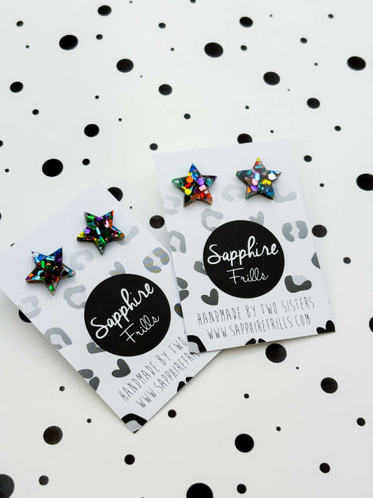 Small Rainbow Chunky Hexagon Sequin Glitter Acrylic Star Studs – Hypoallergenic Stainless Steel