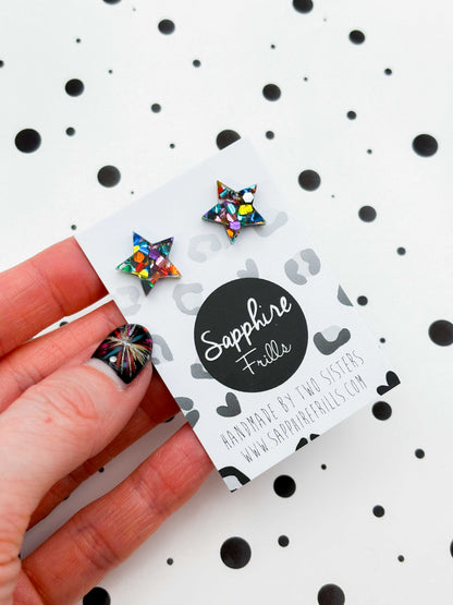 Small Rainbow Chunky Hexagon Sequin Glitter Acrylic Star Studs – Hypoallergenic Stainless Steel