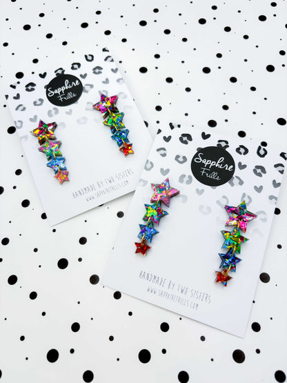 Pink, Green, Blue and Red Confetti Acrylic Star Quad Dangle Earrings – Hypoallergenic Stainless Steel