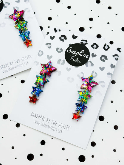 Pink, Green, Blue and Red Confetti Acrylic Star Quad Dangle Earrings – Hypoallergenic Stainless Steel