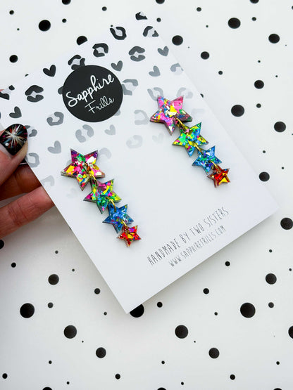 Pink, Green, Blue and Red Confetti Acrylic Star Quad Dangle Earrings – Hypoallergenic Stainless Steel