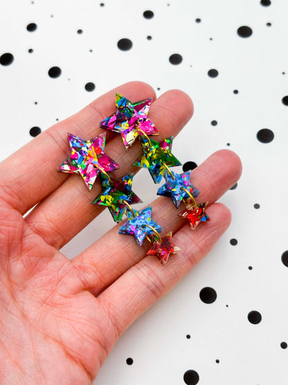 Pink, Green, Blue and Red Confetti Acrylic Star Quad Dangle Earrings – Hypoallergenic Stainless Steel
