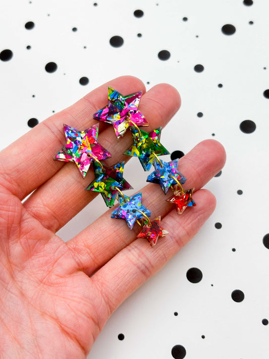Pink, Green, Blue and Red Confetti Acrylic Star Quad Dangle Earrings – Hypoallergenic Stainless Steel