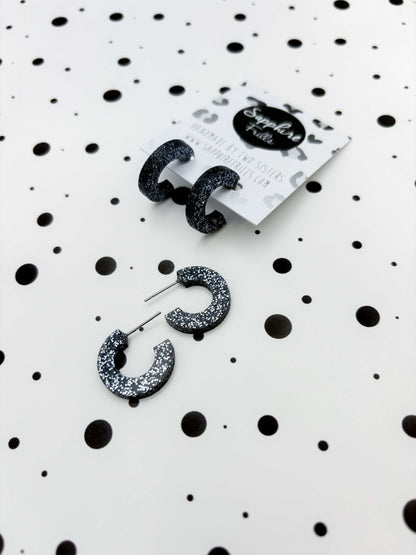 Medium Gunmetal Glitter Acrylic Hoops – Hypoallergenic Stainless Steel
