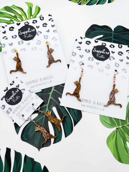 Large Brown Bengal Cat Dangle Earrings or Necklace – Hypoallergenic Stainless Steel