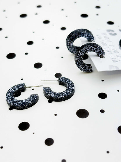 Medium Gunmetal Glitter Acrylic Hoops – Hypoallergenic Stainless Steel