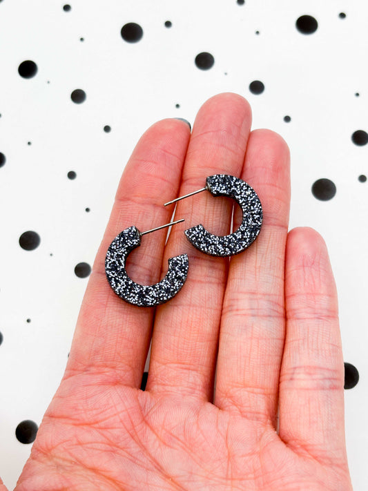 Medium Gunmetal Glitter Acrylic Hoops – Hypoallergenic Stainless Steel