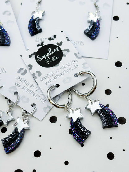 Medium Silver and Night Sky Holographic Glitter Acrylic Shooting Star Dangle Earrings or Necklace – Hypoallergenic Stainless Steel