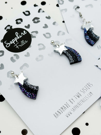 Medium Silver and Night Sky Holographic Glitter Acrylic Shooting Star Dangle Earrings or Necklace – Hypoallergenic Stainless Steel