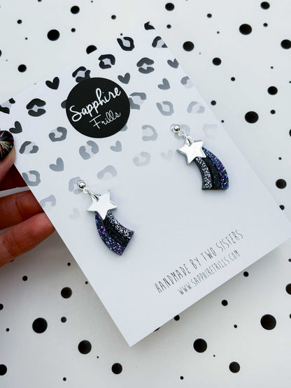 Medium Silver and Night Sky Holographic Glitter Acrylic Shooting Star Dangle Earrings or Necklace – Hypoallergenic Stainless Steel