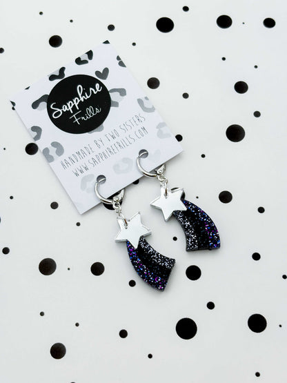 Medium Silver and Night Sky Holographic Glitter Acrylic Shooting Star Dangle Earrings or Necklace – Hypoallergenic Stainless Steel