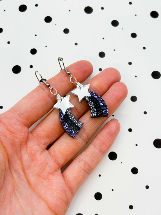 Medium Silver and Night Sky Holographic Glitter Acrylic Shooting Star Dangle Earrings or Necklace – Hypoallergenic Stainless Steel