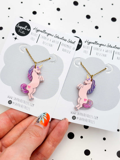 Limited Edition Large Pink Princess Unicorn Dangle Earrings or Necklace – Hypoallergenic Stainless Steel