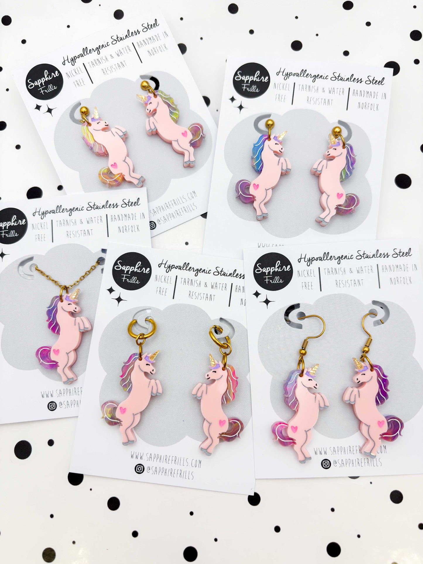 Limited Edition Large Pink Princess Unicorn Dangle Earrings or Necklace – Hypoallergenic Stainless Steel