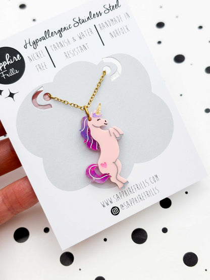Limited Edition Large Pink Princess Unicorn Dangle Earrings or Necklace – Hypoallergenic Stainless Steel