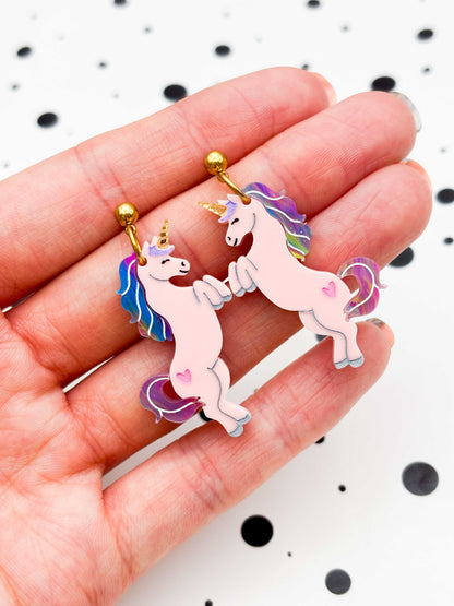 Limited Edition Large Pink Princess Unicorn Dangle Earrings or Necklace – Hypoallergenic Stainless Steel