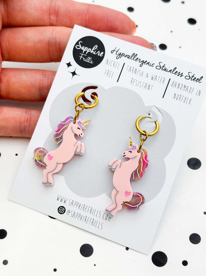 Limited Edition Large Pink Princess Unicorn Dangle Earrings or Necklace – Hypoallergenic Stainless Steel